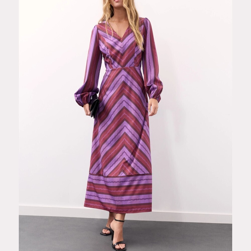 Purple / Wine Red Chevron Striped V Neck Bishop Sleeve Maxi Dress